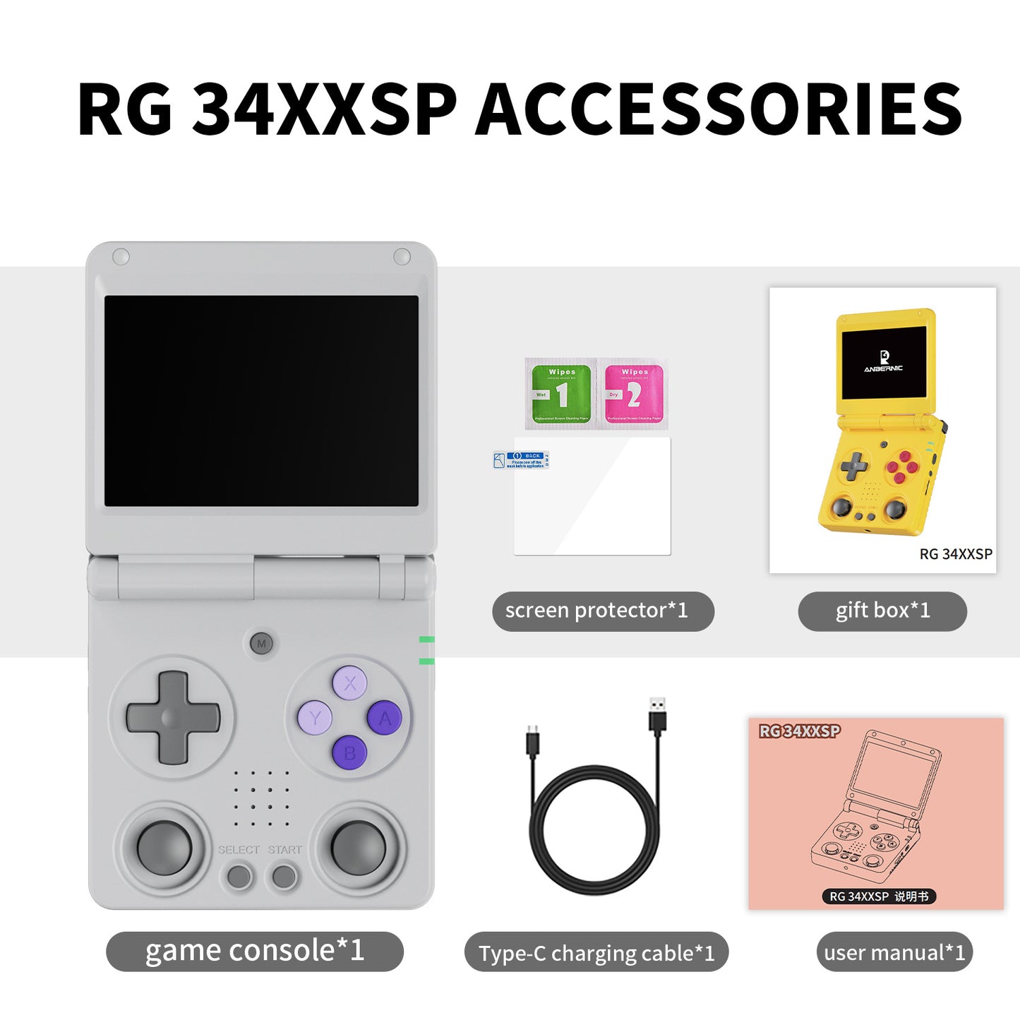 Anbernic RG 34XXSP Foldable Retro Handheld Game Console - Packing List