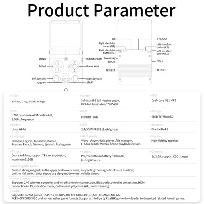 Anbernic RG 34XXSP Foldable Retro Handheld Game Console - Product Parameter