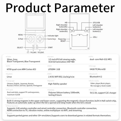 Anbernic RG 35XXSP Foldable Retro Handheld Game Console - Product Parameter