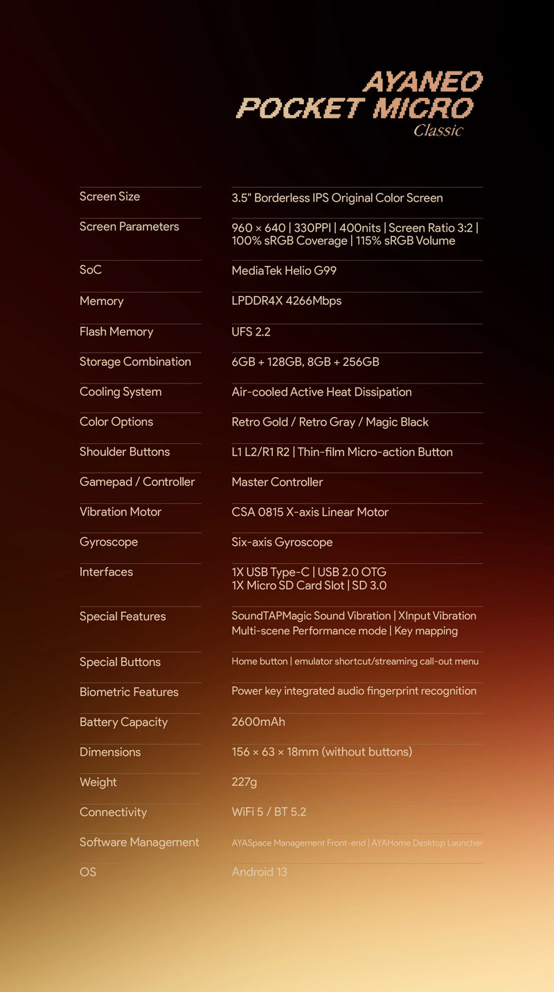 Ayaneo Pocket Micro Classic Retro Handheld Game Console - Specifications