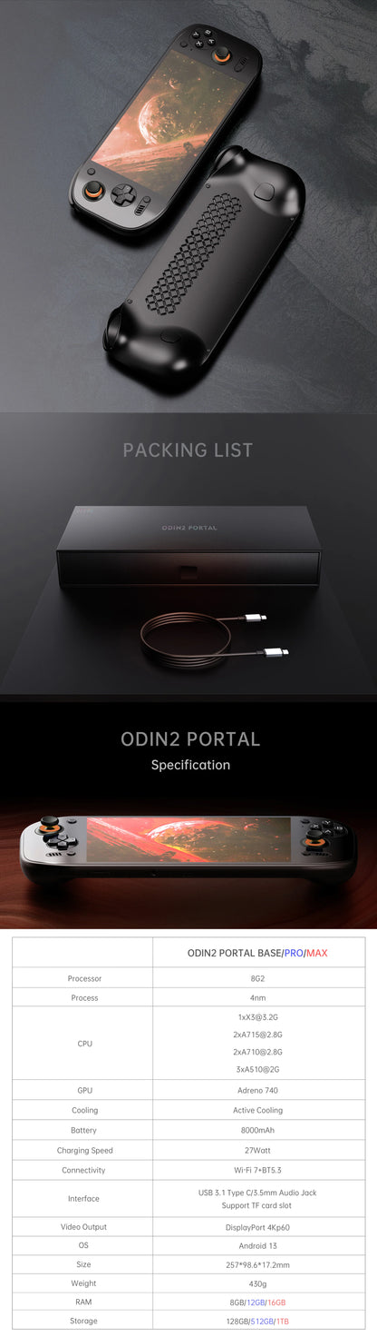 Ayn Odin 2 Portal 7” OLED Screen Retro Handheld Game Console - Packing List and Product Parameters