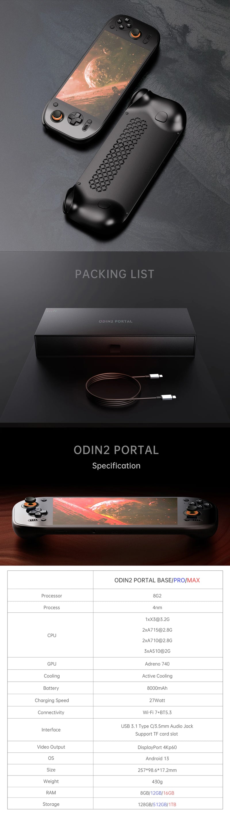 Ayn Odin 2 Portal 7” OLED Screen Retro Handheld Game Console - Packing List and Product Parameters