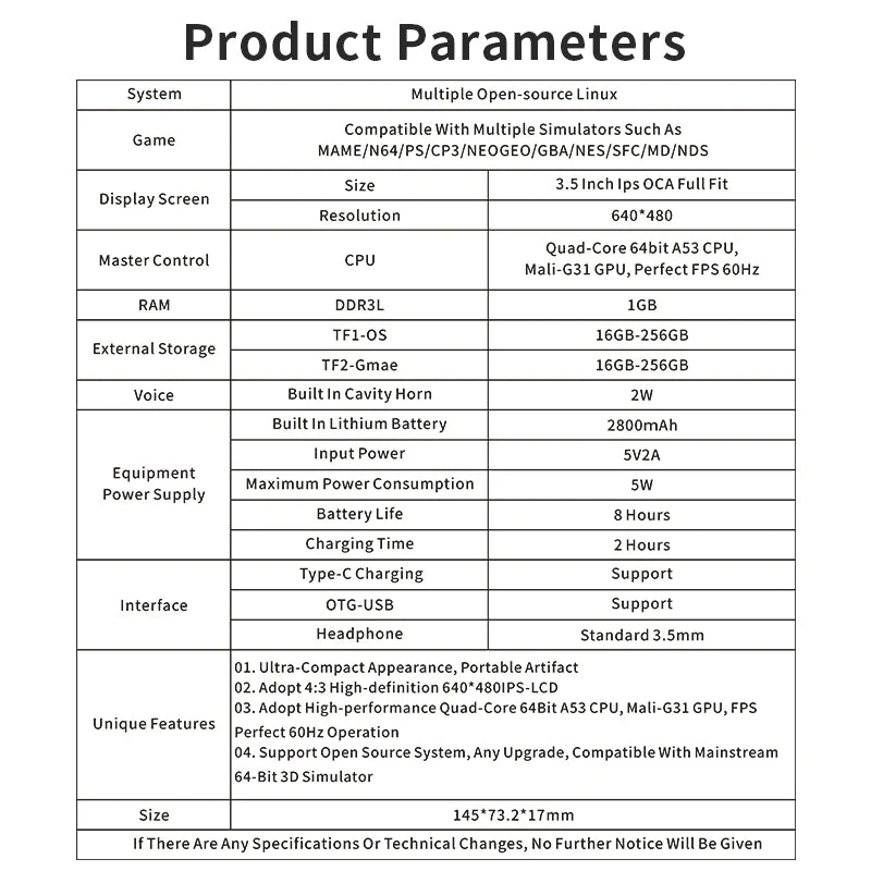PowKiddy RGB10X Retro Handheld Game Console - Product Parameters