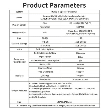 PowKiddy RGB10X Retro Handheld Game Console - Product Parameters