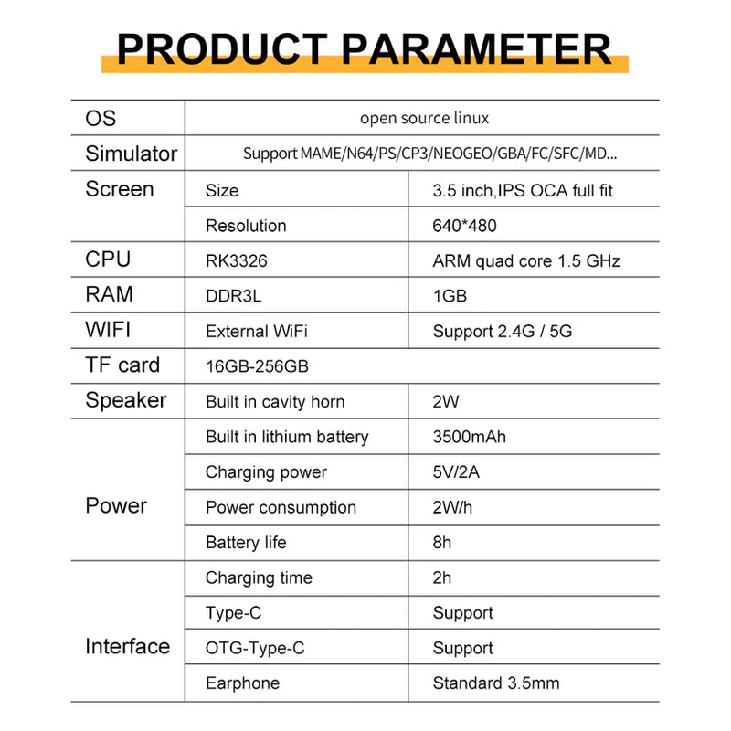 PowKiddy RGB20S Vertical Retro Handheld Game Console - Product Parameter