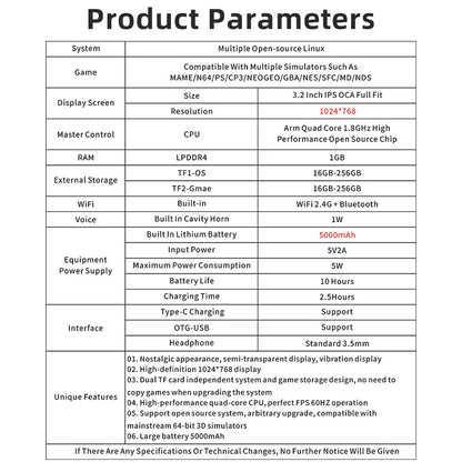 PowKiddy RGB20 Pro Arcade Retro Handheld Game Console - Product Parameters