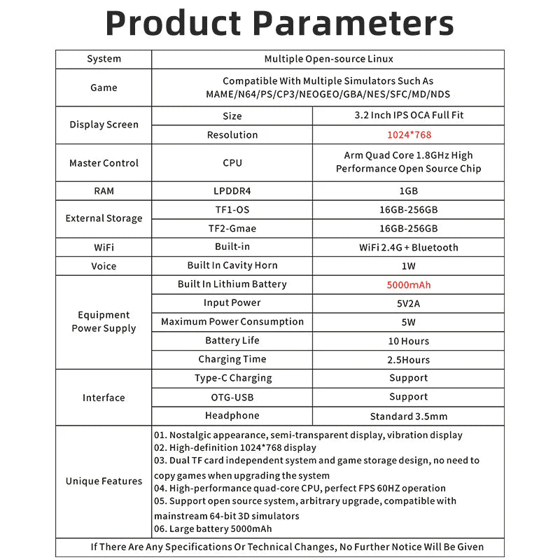 PowKiddy RGB20 Pro Arcade Retro Handheld Game Console - Product Parameters