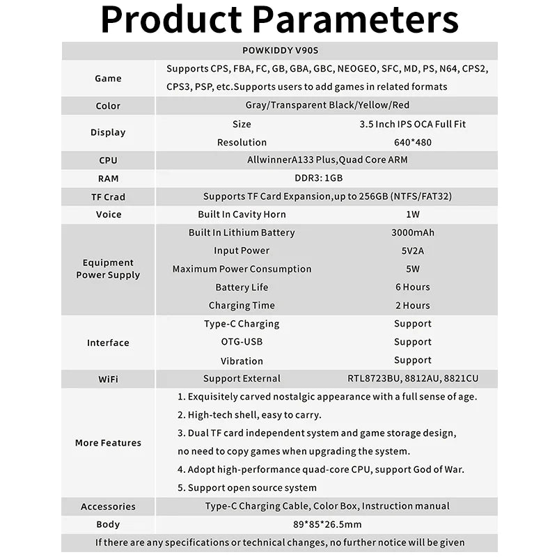 PowKiddy V90S 3.5 Inch IPS Foldable Retro Handheld - Product Parameters
