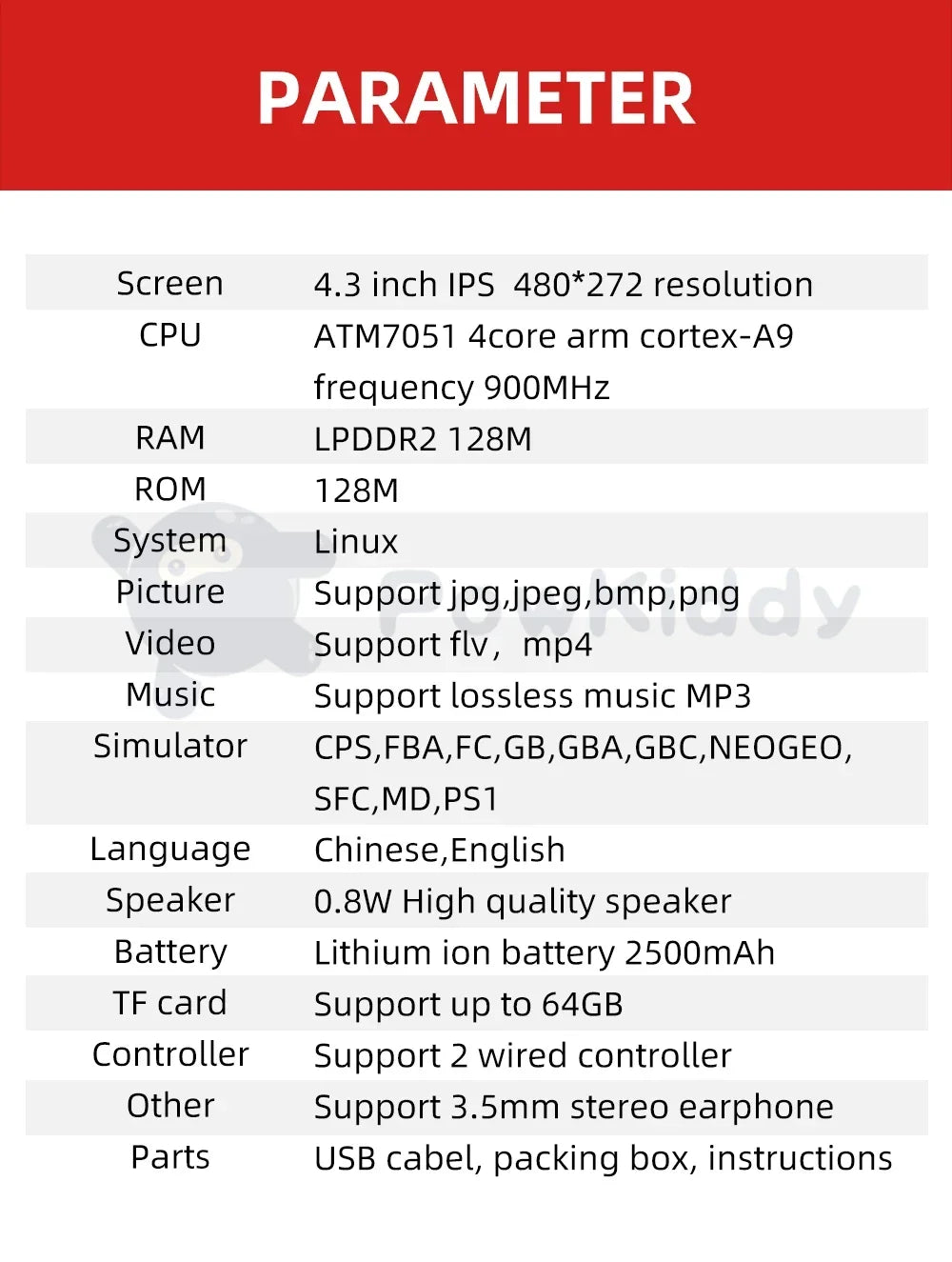 PowKiddy X39 Pro Horizontal 4.3 Inch IPS Retro Handheld Game Console - Product Parameter