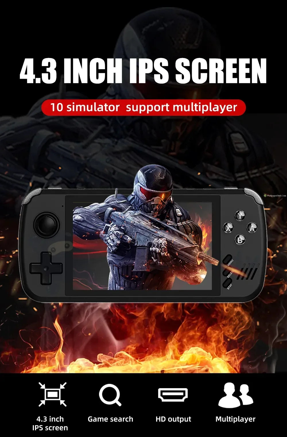 PowKiddy X39 Pro Horizontal 4.3 Inch IPS Retro Handheld Game Console - 4.3” IPS Screen