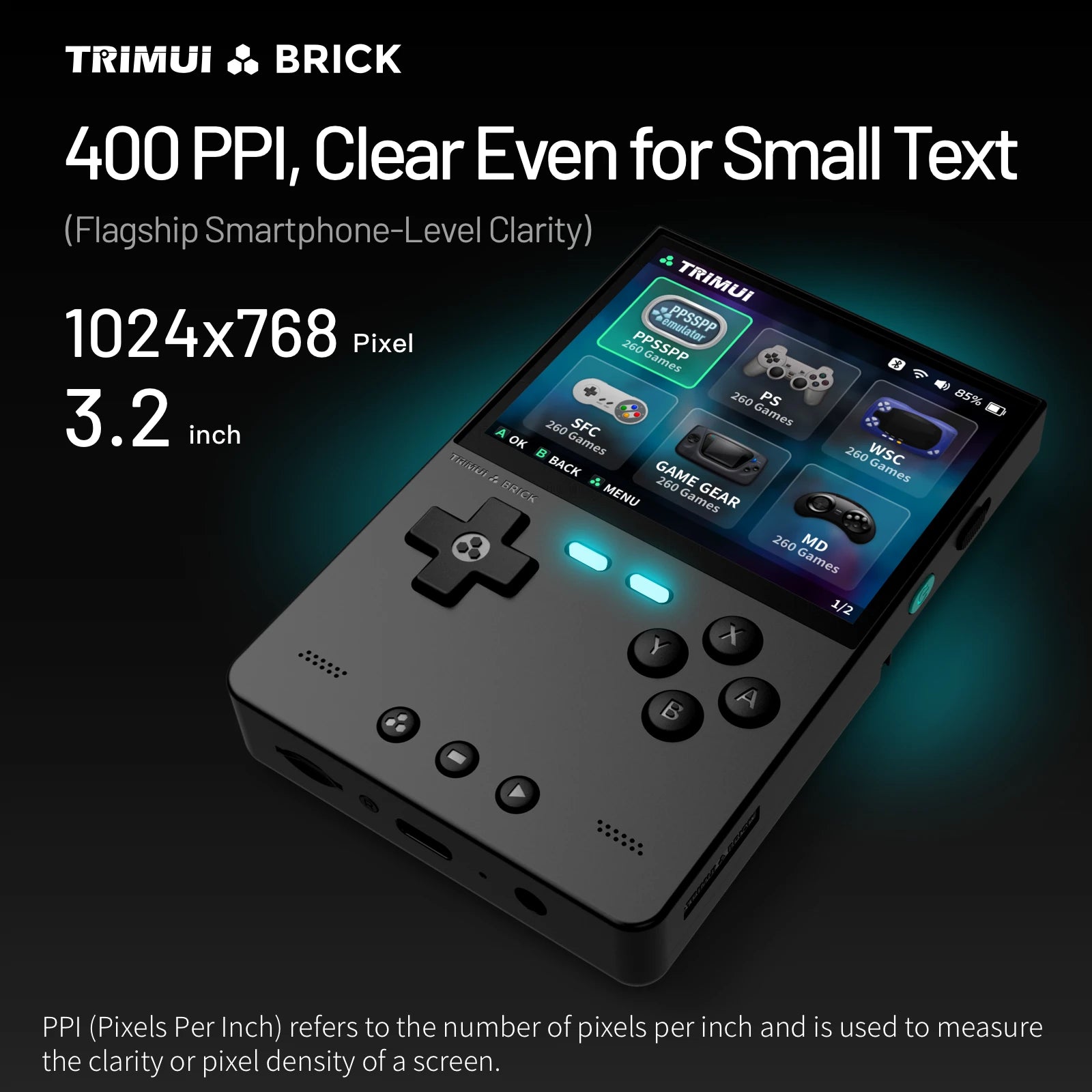 Trimui Brick 3.2 Inch Retro Handheld Game Console - 400 ppt clear even for small text