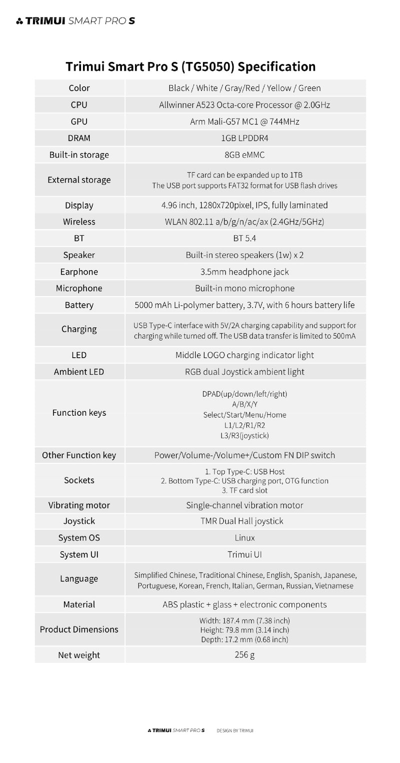 Trimui Smart Pro S Retro Handheld Game Console - Specifications